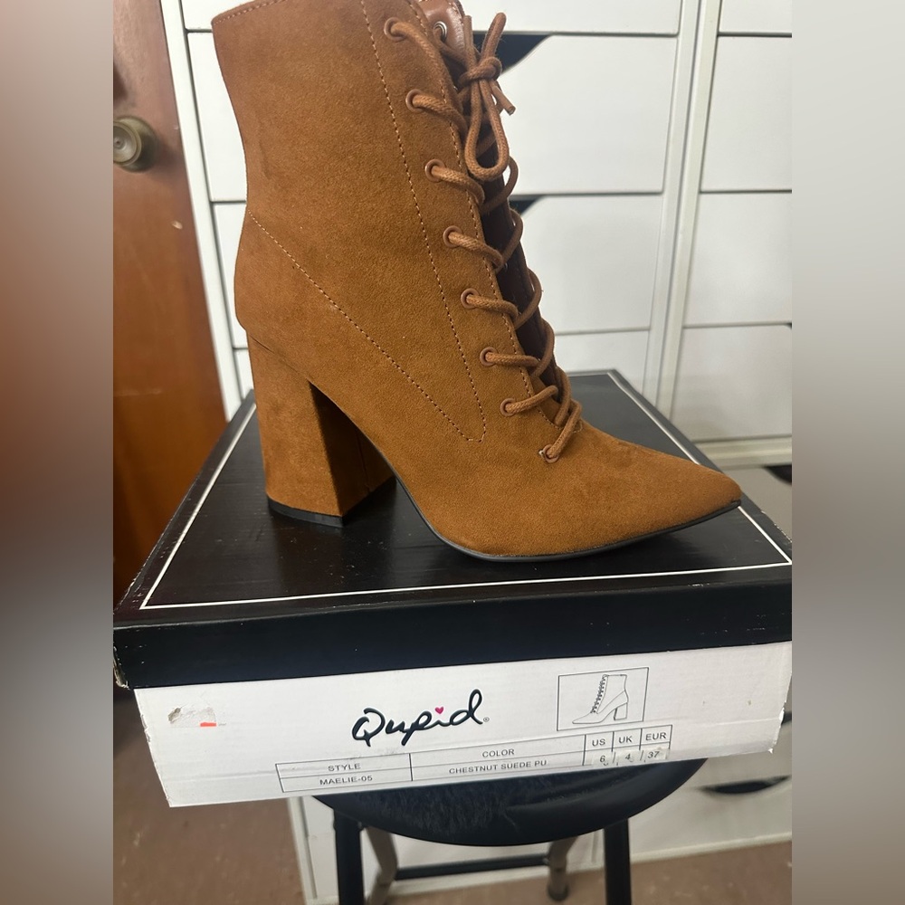 Qupid Tan Suede Lace-Up Heeled Boots
